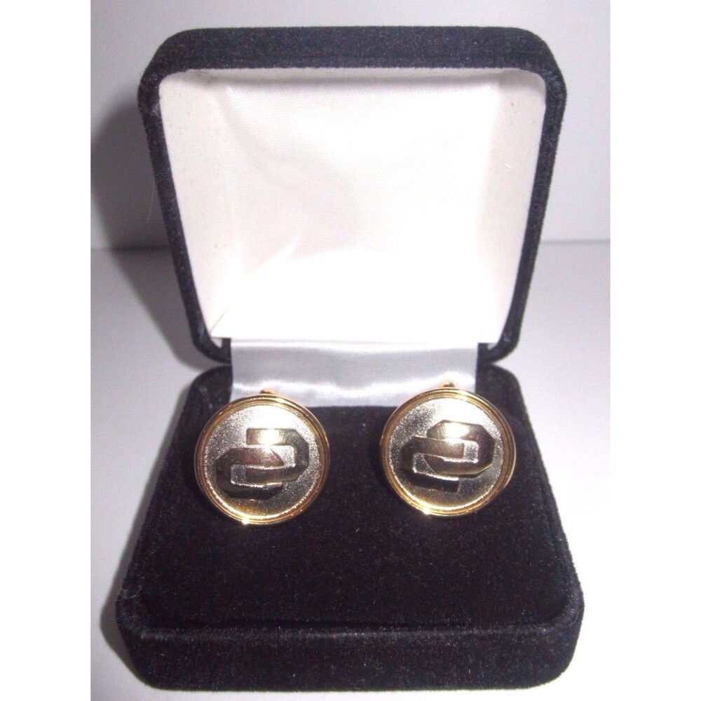 Vintage Round Emblem Cufflinks - Yellow & White Goldtone - With Box - Unsigned